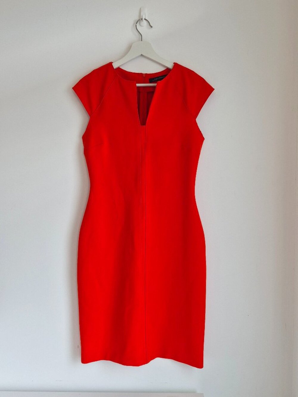 ZARA Woman Red Orange Fitted Midi Sheath Dress V-Neck I M